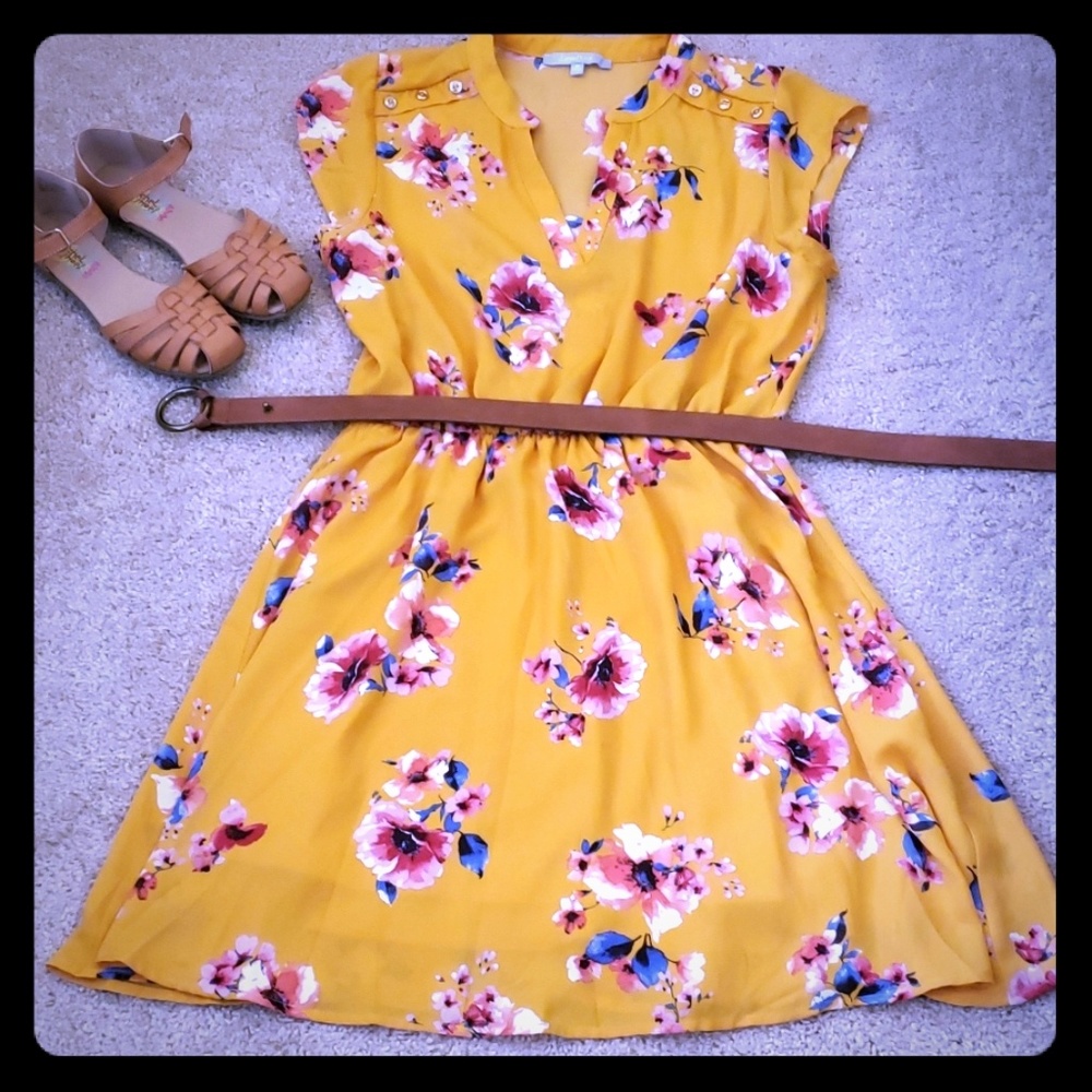 Floral Yellow Dress w/ Cinched Waist
